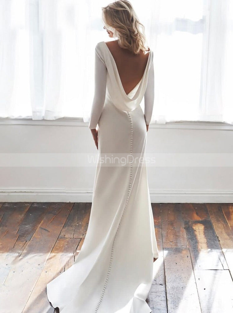 Simple Wedding Dress Illusion Back,Stretch Crepe Long Sleeve Wedding D - Wishingdress Simple Wedding Dress Illusion Back,Stretch Crepe Long Sleeve Wedding D - Wishingdress