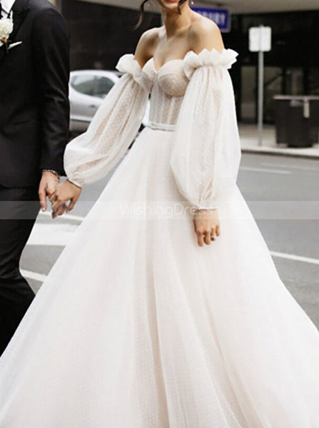 Boho Dotted Tulle Wedding Dress,Strapless Bridal Gown With Detached Sleeve,WD00898