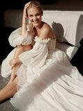 Boho Dotted Tulle Wedding Dress,Strapless Bridal Gown With Detached Sleeve,WD00898