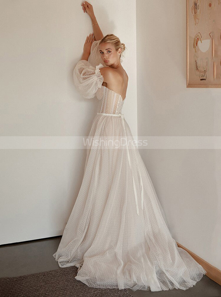 strapless wedding dress with sleeves Boho Dotted Tulle Wedding Dress,Strapless Bridal Gown With Detached Sl