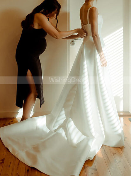 A-line Satin Wedding Dress,Modern Wedding Dress With Straps,WD00900