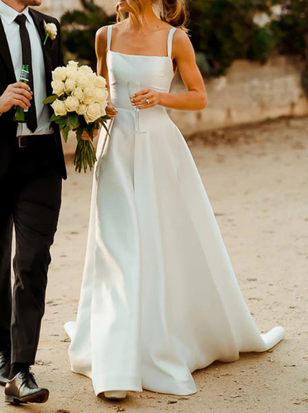 A-line Satin Wedding Dress,Modern Wedding Dress With Straps,WD00900