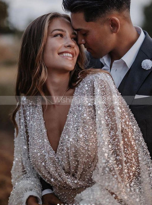 Sheath Short Wedding Dress With Bishop Sleeves,Sparkling Beaded Weddin - Wishingdress Sheath Short Wedding Dress With Bishop Sleeves,Sparkling Beaded Weddin - Wishingdress