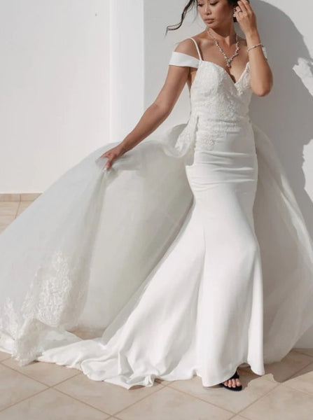 Cold Shoulder Wedding Dress With Tulle Train,Stretch Crepe Wedding Dress,WD00907
