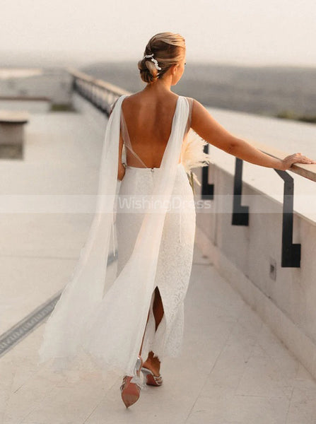 Sheath Lace Destination Wedding Dress,Open Back Wedding Dress With Cape Sleeve,WD00908