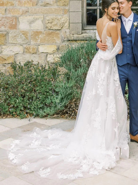 A-line Spaghetti Straps Wedding Dress,Lace Applique Bridal Dress,WD00909