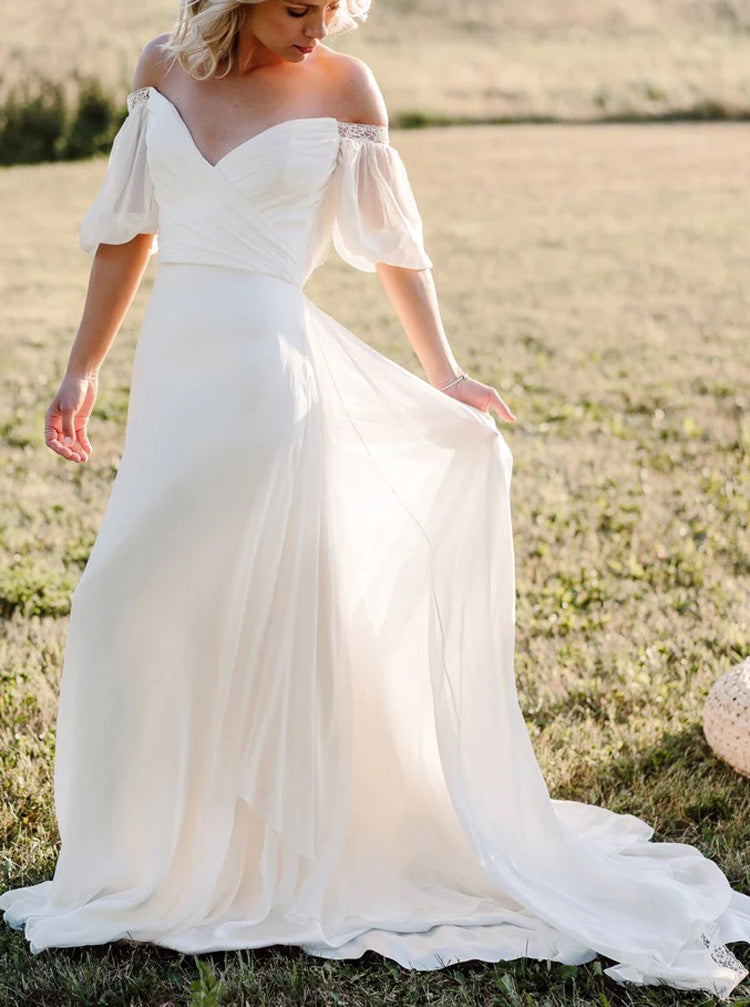 Casual Chiffon Bridal Dress,Off The Shoulder Wedding Dress,WD00911
