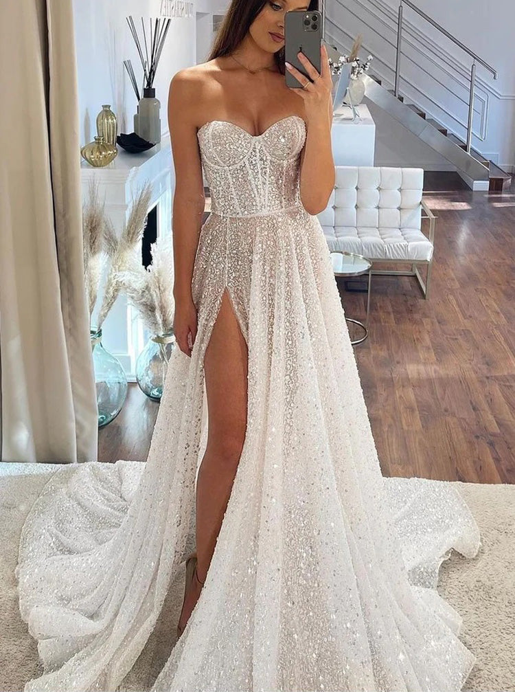Dazzling Glitter Wedding Dress With High Slit,Sweetheart Neckline Corset Bodice Bridal Dress,WD00912 US6 / Ivory