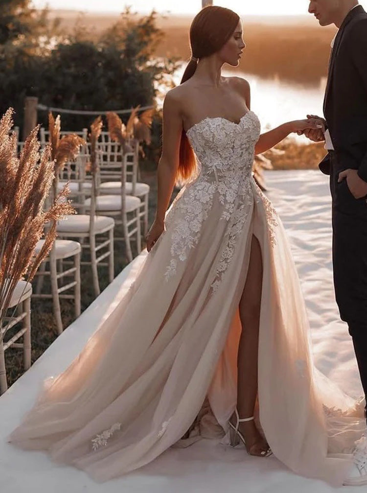 A-line Sweetheart Neckline Wedding Dress,Champagne Bridal Dress,WD00913 US14 / Champagne