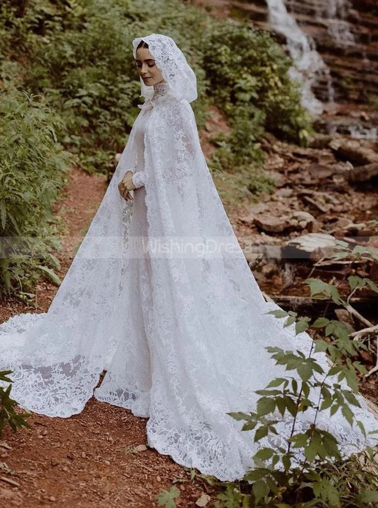 Modest Lace Wedding Dress With Sleeve,Muslim Bridal Dress With Cape,WD