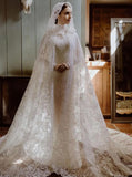 Modest Lace Wedding Dress With Sleeve,Muslim Bridal Dress With Cape,WD00915