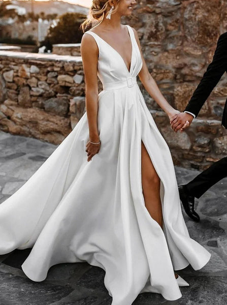 Modern A-line Wedding Dress,Deep V Neck Satin Wedding Dress,WD00919