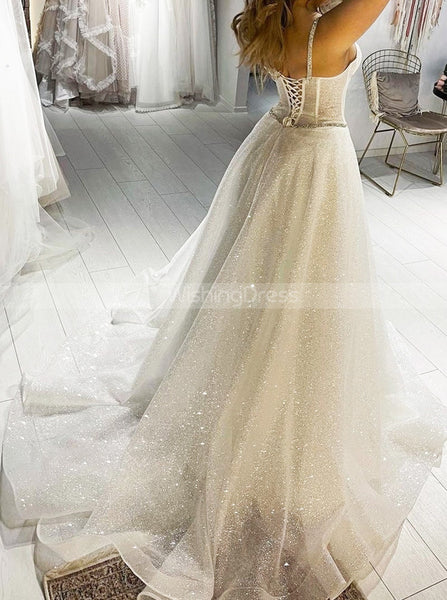 Dazzling Corset Bodice Wedding Dress,Glitter Lace Up Bridal Gown,WD00921