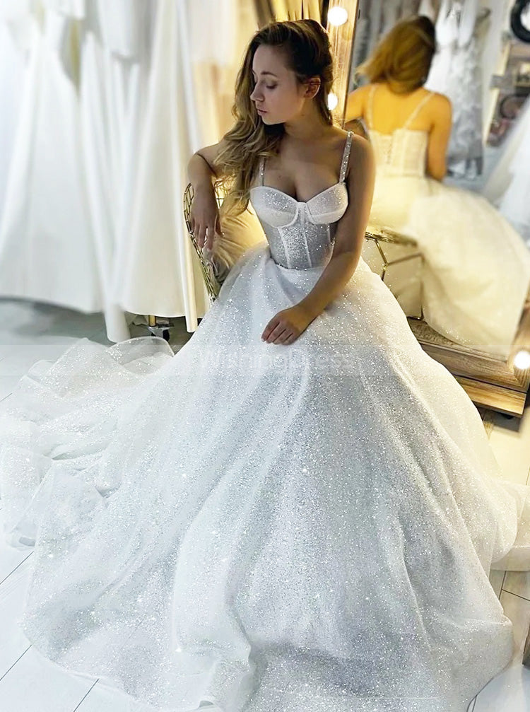 Dazzling Corset Bodice Wedding Dress,Glitter Lace Up Bridal Gown,WD009
