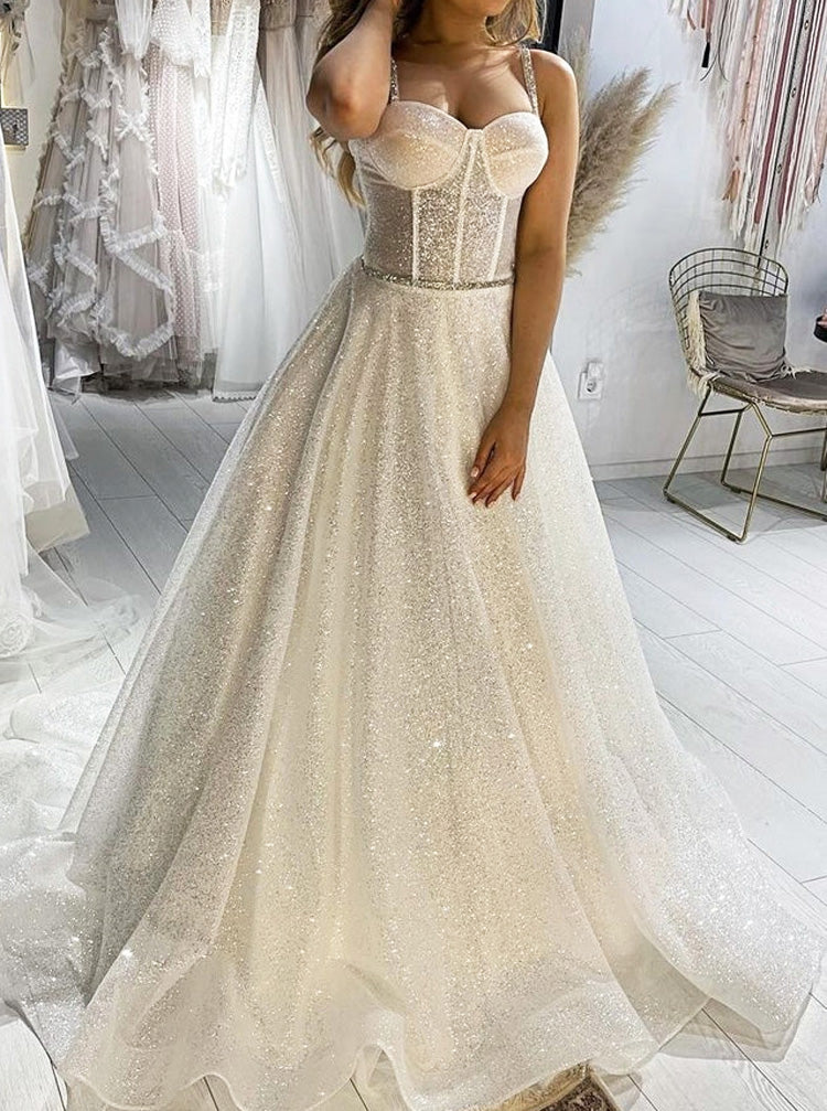 Dazzling Corset Bodice Wedding Dress,Glitter Lace Up Bridal Gown,WD009