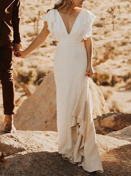 Stretch Crepe Wedding Dress,V-neck Bridal Dress,WD00928