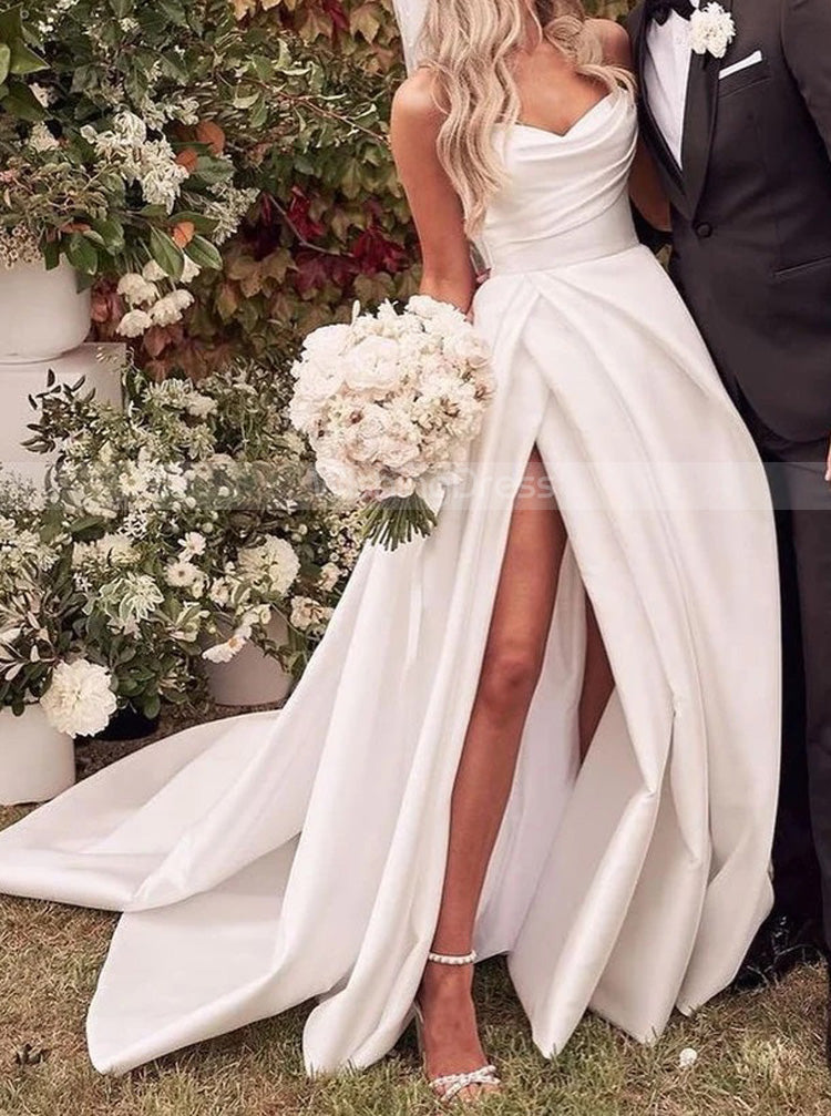 A-line Satin Bridal Gown,Pleated Sweetheart Neckline Wedding Dress,WD00922