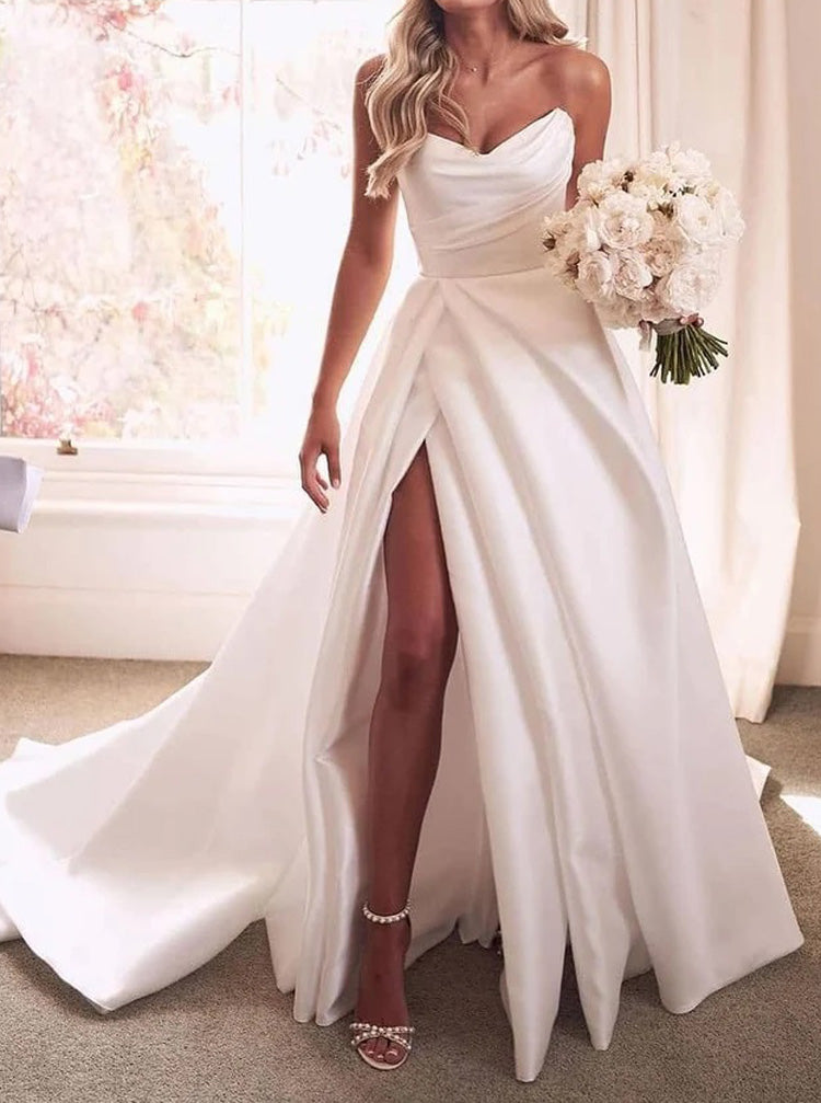 A-line Satin Bridal Gown,Pleated Sweetheart Neckline Wedding Dress,WD0
