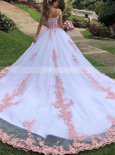 White Wedding Gown With Pink Lace Appliques,Princess Bridal Gown,WD00924