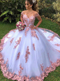 White Wedding Gown With Pink Lace Appliques,Princess Bridal Gown,WD00924