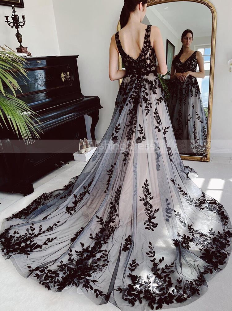 A-line Lace Applique Bridal Dress,Black Wedding Dress,WD00925 Custom Size / Picture Color