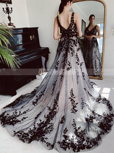 A-line Lace Applique Bridal Dress,Black Wedding Dress,WD00925