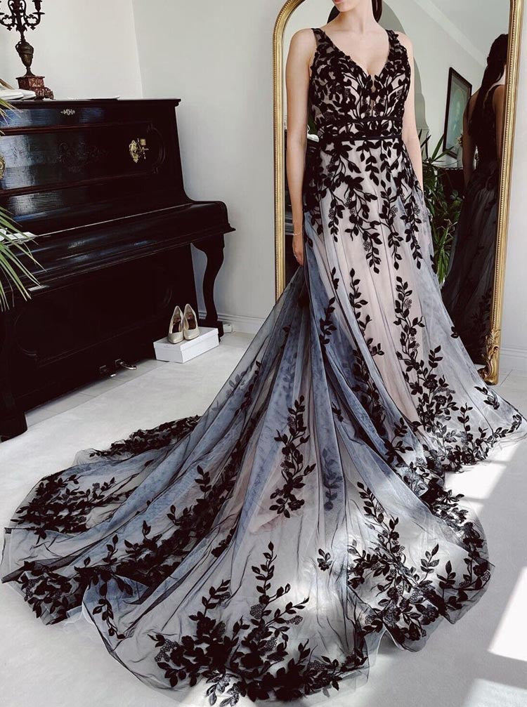 A-line Lace Applique Bridal Dress,Black Wedding Dress,WD00925 US16 / White