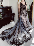 A-line Lace Applique Bridal Dress,Black Wedding Dress,WD00925