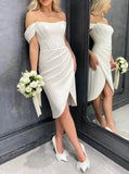 Off The Shoulder Short Bridal Dress,Sheath Satin Wedding Reception Dress,WD01119