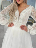 Bishop Sleeve Plunging Neck Wedding Gown,Bohemian Bridal Dress,WD012000