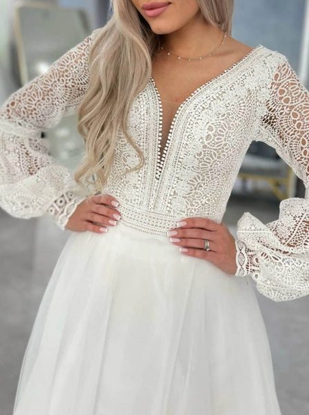Bishop Sleeve Plunging Neck Wedding Gown,Bohemian Bridal Dress,WD012000