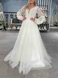 Bishop Sleeve Plunging Neck Wedding Gown,Bohemian Bridal Dress,WD012000