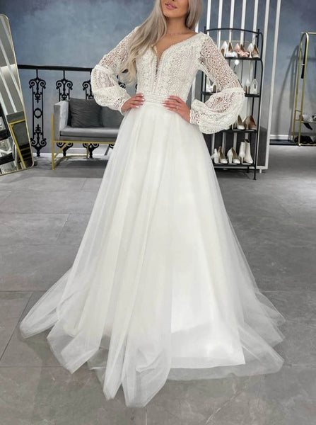 Bishop Sleeve Plunging Neck Wedding Gown,Bohemian Bridal Dress,WD012000