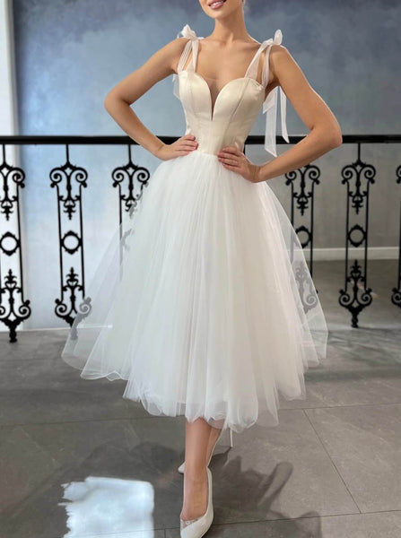 Tie Straps Short Wedding Dress,Tea Length Wedding Reception Dress,WD01121