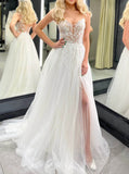 Sheer Bodice Wedding Dress,A-line Wedding Gown With Slit,WD001124
