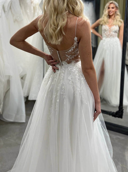 Sheer Bodice Wedding Dress,A-line Wedding Gown With Slit,WD001124