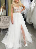 Sheer Bodice Wedding Dress,A-line Wedding Gown With Slit,WD001124
