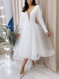 A-line Tea Length Bridal Dress,Wedding Reception Dress With Long Sleeves,WD012100