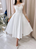 Satin Tea Length Bridal Dress,Wedding Reception Dress With Illusion Sleeves,WD012200