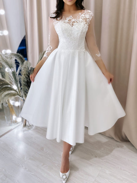 Satin Tea Length Bridal Dress,Wedding Reception Dress With Illusion Sleeves,WD012200