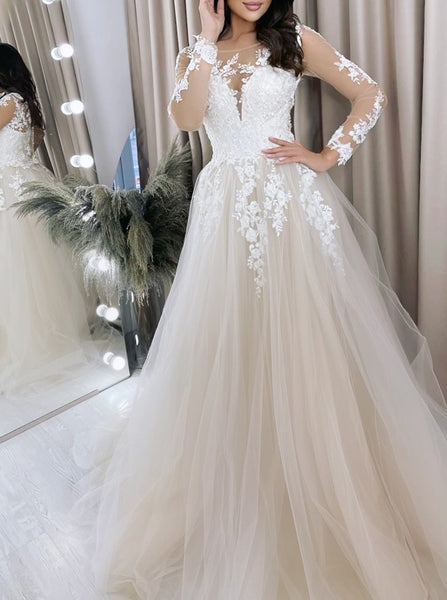 A-line Wedding Dress With Long Sleeves,Sheer Sleeve Lace Top Wedding Gown,WD012300