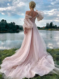 Illusion Puff Sleeve Wedding Dress,Pink Off The Shoulder Wedding Gown,WD2510131607