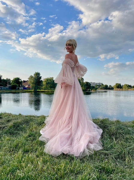 Illusion Puff Sleeve Wedding Dress,Pink Off The Shoulder Wedding Gown,WD2510131607