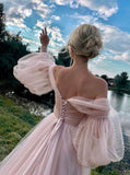 Illusion Puff Sleeve Wedding Dress,Pink Off The Shoulder Wedding Gown,WD2510131607