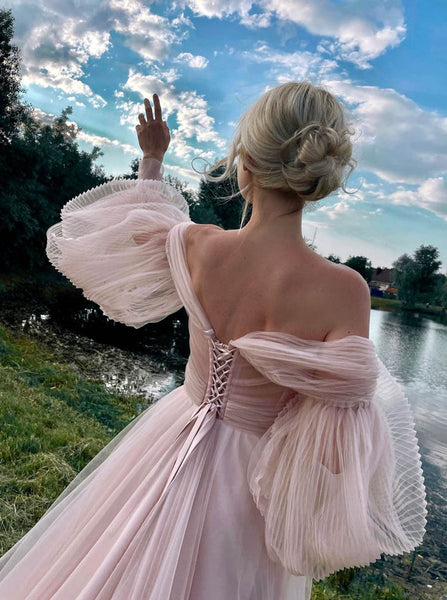 Illusion Puff Sleeve Wedding Dress,Pink Off The Shoulder Wedding Gown,WD2510131607