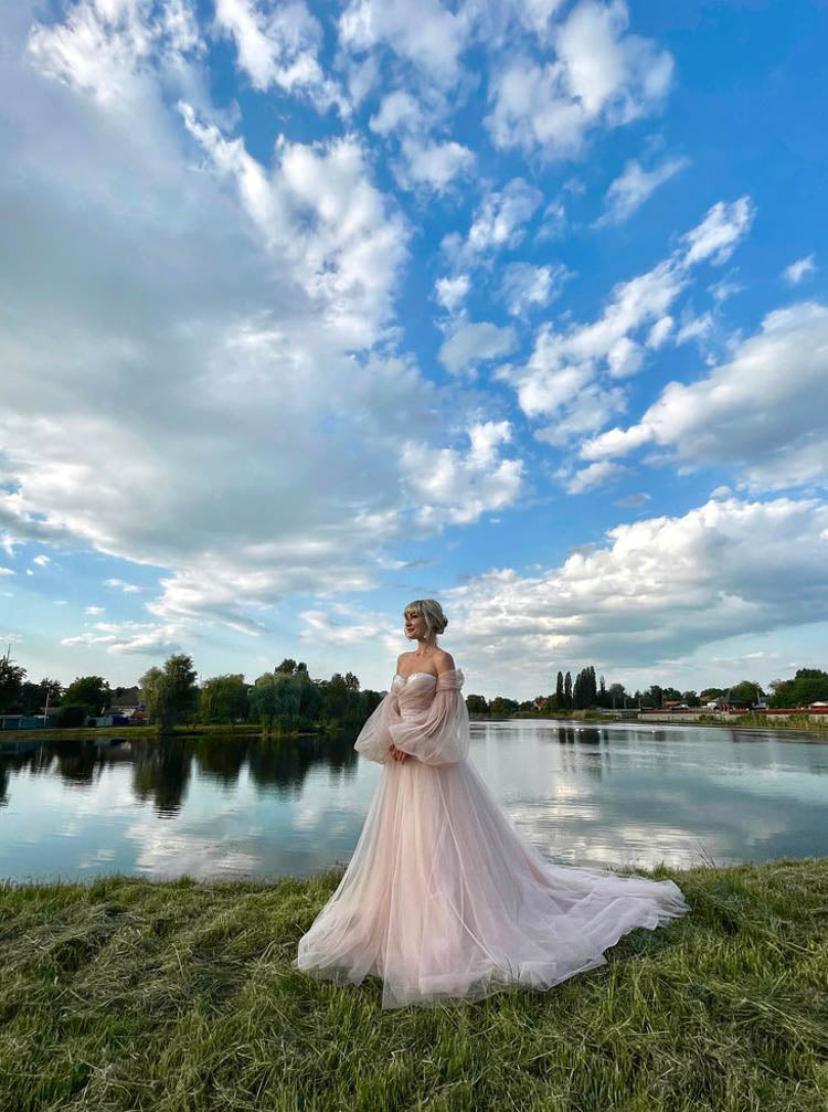 pink off shoulder wedding dress A-line Blush Pink Off Shoulder Long Sleeves Wedding Dress WD688 US18 / Custom Color