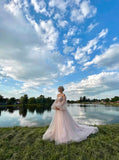 Illusion Puff Sleeve Wedding Dress,Pink Off The Shoulder Wedding Gown,WD2510131607