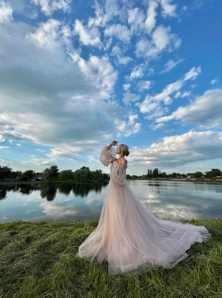Illusion Puff Sleeve Wedding Dress,Pink Off The Shoulder Wedding Gown,WD2510131607
