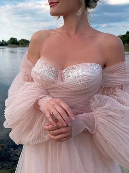 Illusion Puff Sleeve Wedding Dress,Pink Off The Shoulder Wedding Gown,WD2510131607