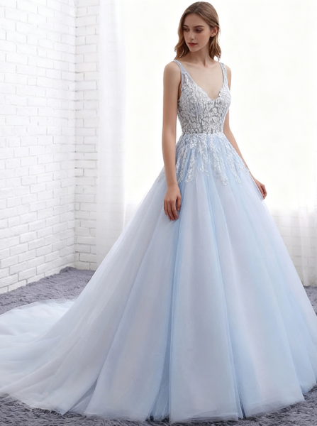 Light Blue Bridal Dress,Princess Wedding Dresses,Classic Bridal Dress,Backless Bridal Dress,WD00233